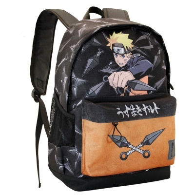 Mochila de anime com personagem loiro, texto em japonês e símbolos ninja