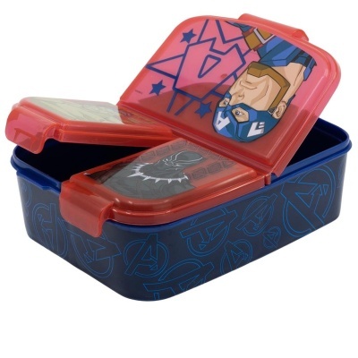 Lancheira de plástico azul com tampa vermelha e imagem do Capitão América