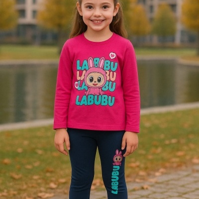 Menina com conjunto infantil rosa e azul com desenhos LABUBU ao ar livre