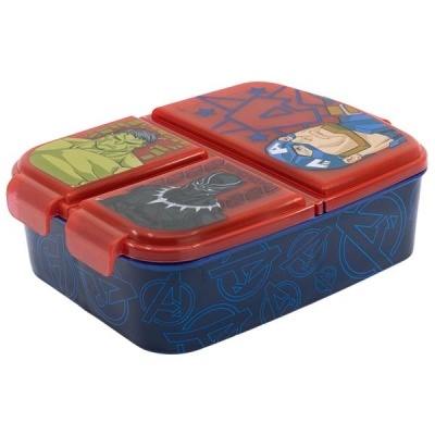Caixa de lanche Avengers com três compartimentos e personagens Hulk, Homem-Formiga e Capitão América