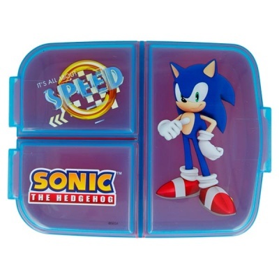 Marmita azul e roxa com Sonic e textos sobre velocidade