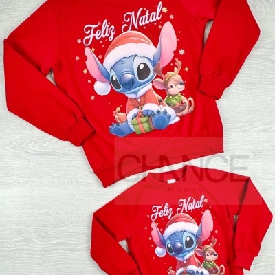 Sweatshirts vermelhos com personagem natalícia e texto Feliz Natal