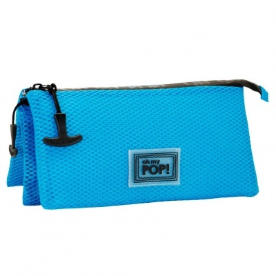 Estojo escolar azul com fecho e etiqueta oh my POP!