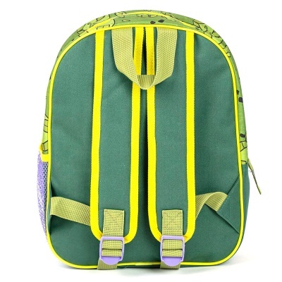 Mochila verde com alças amarelas e lilás vista de trás