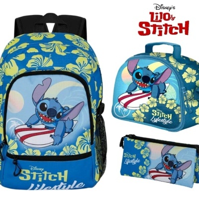 CONJUNTO ESCOLAR STITCH SURF 44 CM C/LANCHEIRA - ADAPTÁVEL A TROLLEY