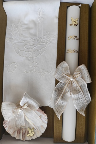 Conjunto para Batismo Vela+Toalha+Concha