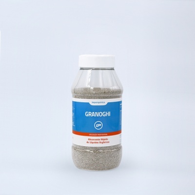Frasco plástico com granulados cinza e rótulo GRANOGHI