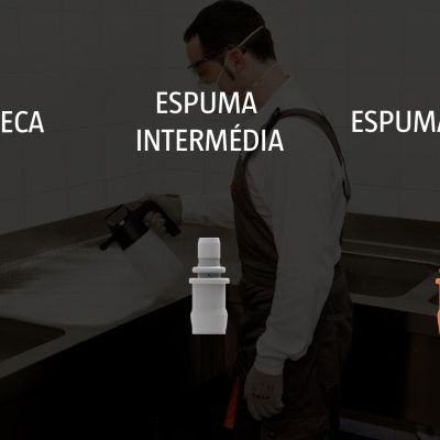 Bicos de espuma verde, branco e laranja com texto ESPUMA SECA, ESPUMA INTERMÉDIA, ESPUMA HÚMIDA