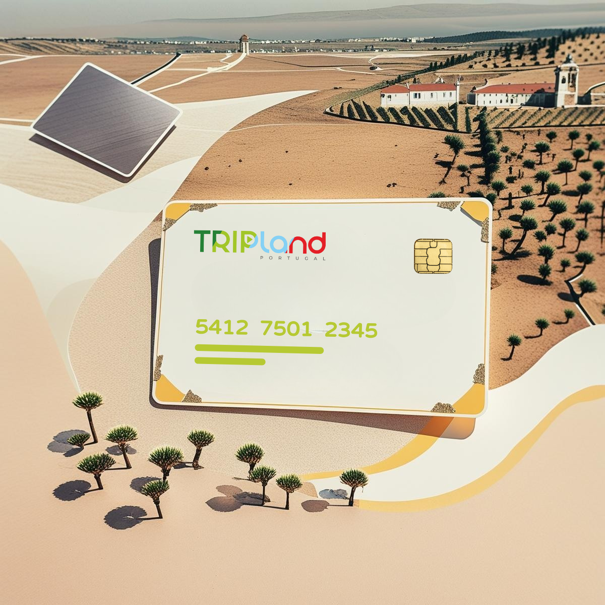 A subscrição Clube Tripland Cartão branco TRIPland PORTUGAL com chip dourado sobre paisagem rural ilustrada.