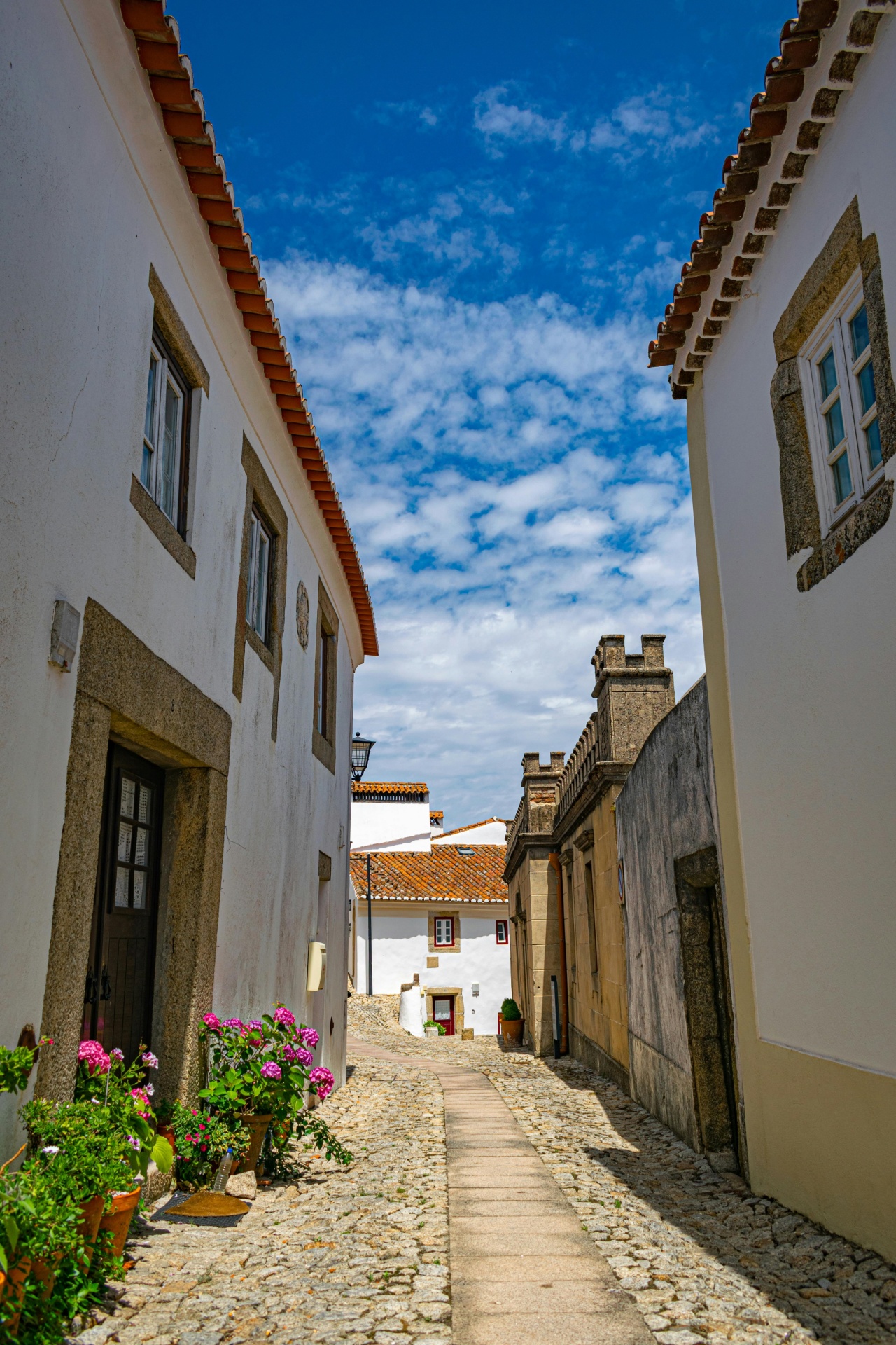Marvão Autêntico: Fim de Semana com Voo, Alojamento Rural e Experiências Locais Rua de pedras com edifícios brancos e flores em vasos numa pequena vila