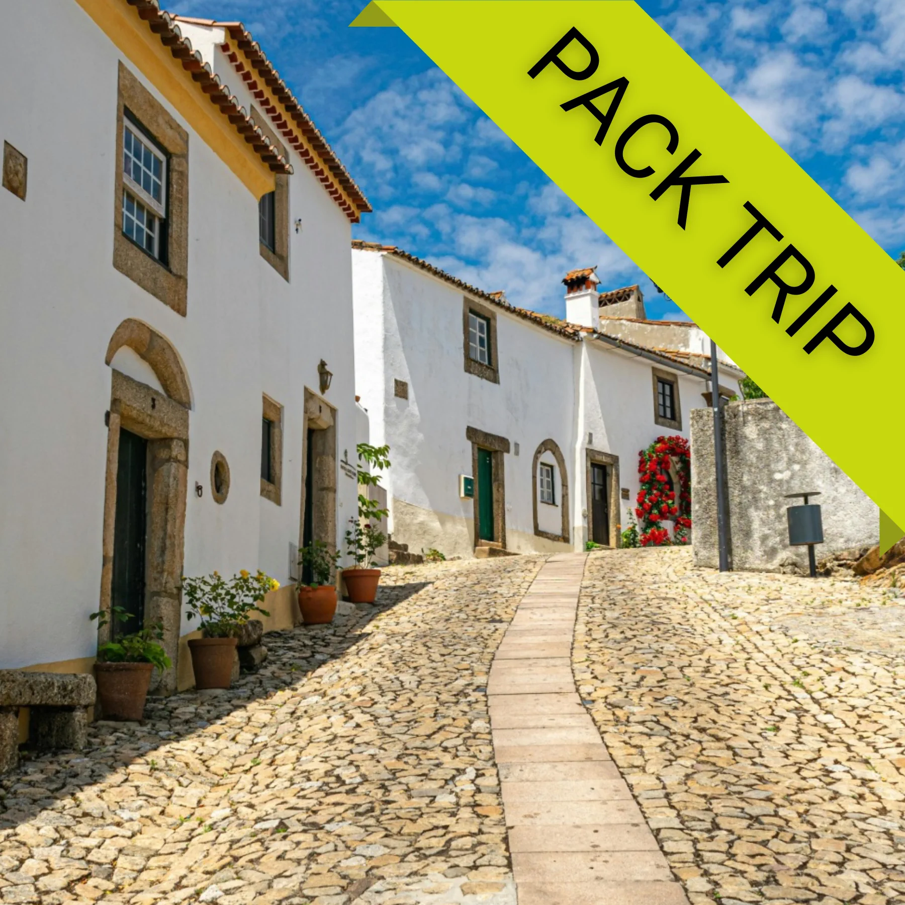 Marvão Autêntico: Fim de Semana com Voo, Alojamento Rural e Experiências Locais Rua de pedra com casas brancas e vasos de plantas sob céu azul