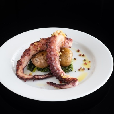 Prato de polvo grelhado com batatas e vegetais num prato branco sobre fundo preto