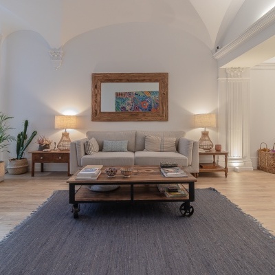 Sala de estar com sofá cinza, mesa de centro em madeira, tapete cinza escuro e plantas em vasos