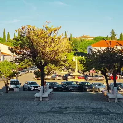 Praça com bancos de pedra branca e árvores com folhas amarelas e castanhas