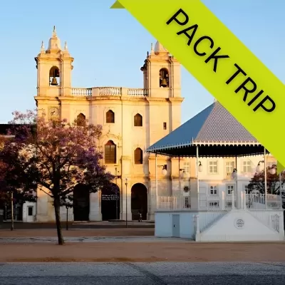 Praça com árvore florida, coreto branco e igreja de pedra clara com duas torres