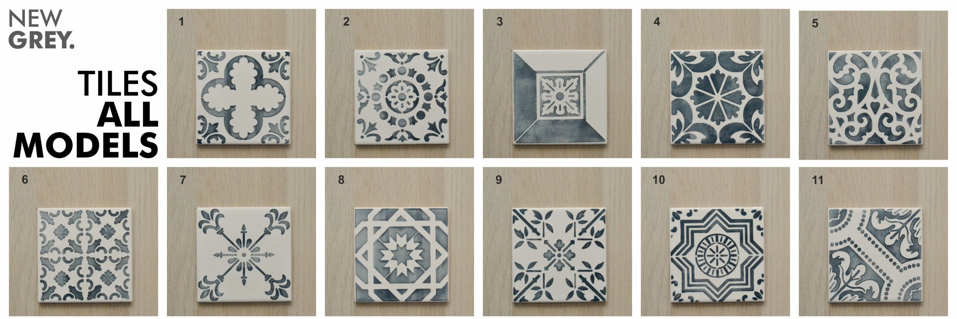 Eleven decorative blue and white square ceramic tiles on light wood background with text NEW GREY and TILES ALL MODELS