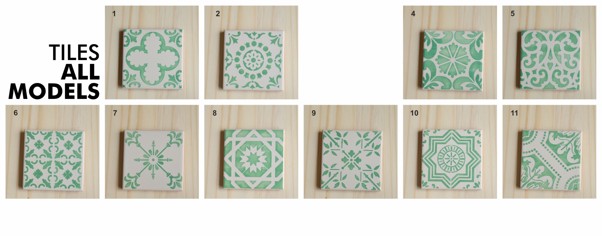 Eleven ceramic tiles with green and white patterns numbered 1 to 11 on a wooden background with text Tiles All Models.