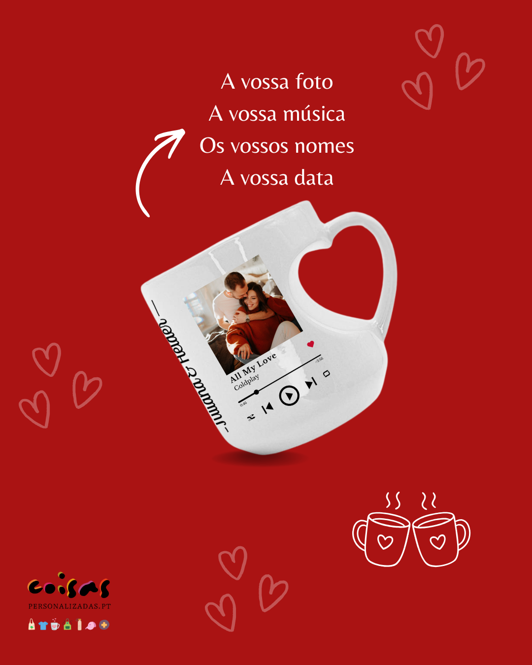 Caneca branca personalizada com foto, texto e forma de coração