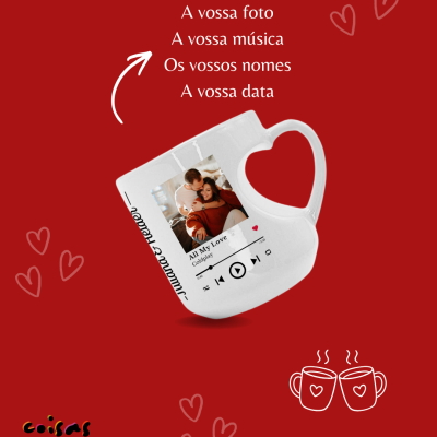 Caneca branca personalizada com foto, texto e forma de coração