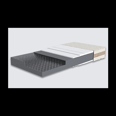 Colchão em corte mostrando camadas internas com molas e espuma