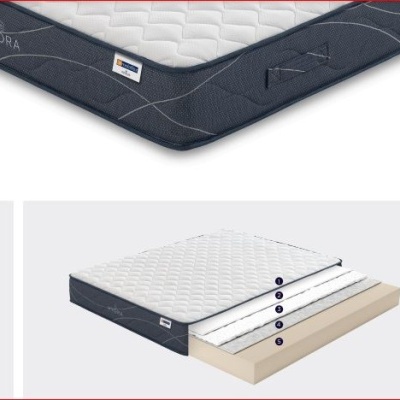 Colchão branco e cinzento com textura matelassada, gráficos de características e lista de materiais em fundo claro.