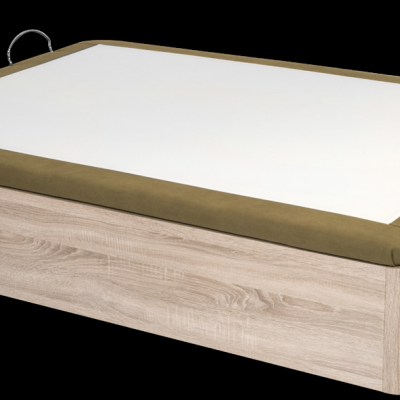 Colchão com base em madeira clara e borda verde aveludada