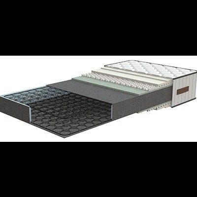 Colchão multi camadas cortado mostrando molas e tecidos