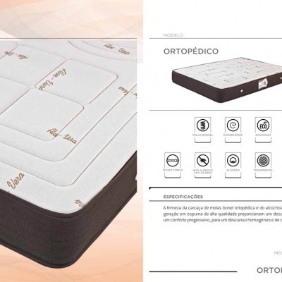 Colchão ortopédico branco com bordas pretas e padrão acolchoado em catálogo