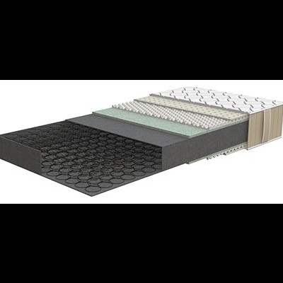 Colchão cortado mostrando camadas internas com espuma, molas e estrutura de madeira