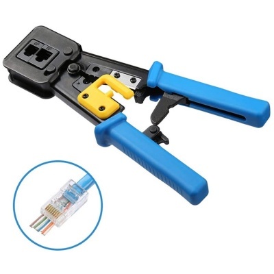 Alicate crimpador azul e preto para cabos de rede com conector RJ45