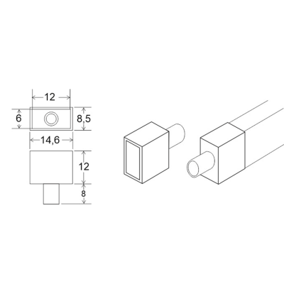Desenho técnico de peça metálica retangular com tubo cilíndrico e medidas em mm