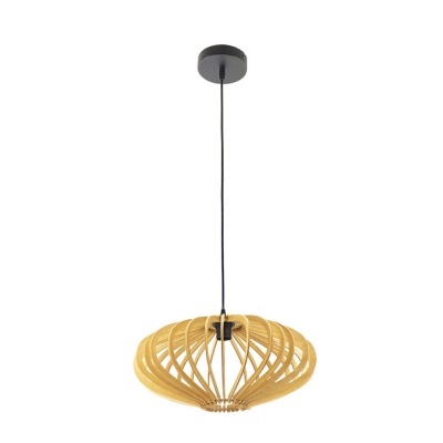 Candeeiro de teto suspenso em madeira clara com suporte preto