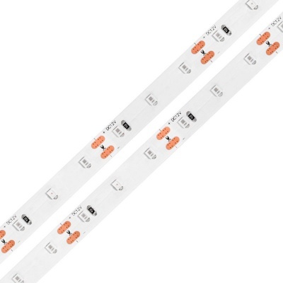 Duas tiras de luzes LED brancas com componentes eletrónicos e texto DC 12V e R1