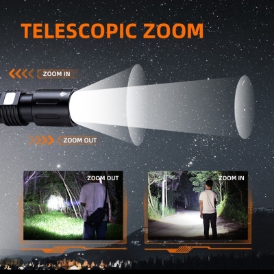 Lanterna preta com zoom telescópico e demonstração de luz em ambiente noturno