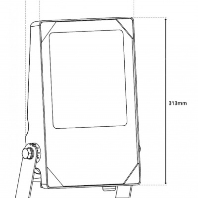 Desenho técnico de dispositivo retangular com suporte articulado e dimensões marcadas.