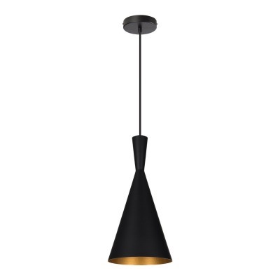 Candeeiro de teto pendente preto com interior dourado cónico