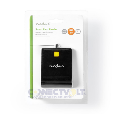 Leitor de cartões inteligente Nedis em embalagem com texto e símbolos USB 2.0, computador e tablet