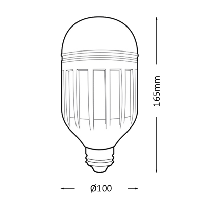Desenho técnico de lâmpada com medidas 165 mm altura e 100 mm diâmetro