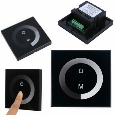 Painel de controlo LED tátil quadrado preto com ícone de ligar/desligar e símbolo M