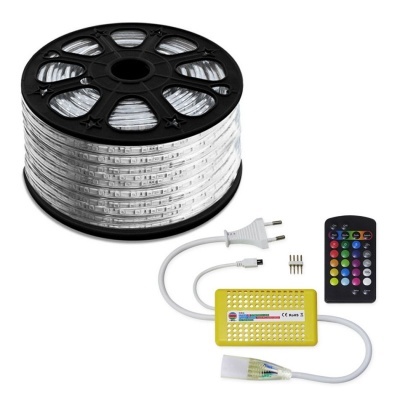 fita de LED branca com carretel e controlador amarelo mais comando remoto colorido