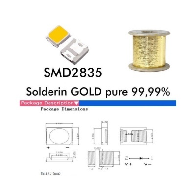 Componentes eletrónicos SMD2835, fio dourado em bobina, texto e diagramas técnicos em fundo branco
