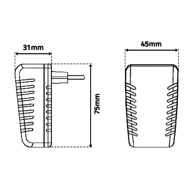 Desenho técnico de um carregador com dimensões e linhas verticais