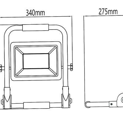 Desenho técnico de projetor de luz retangular com medidas e suporte ajustável