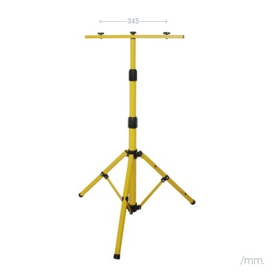 Tripé amarelo metálico com reguladores pretos e pernas de suporte sobre fundo branco