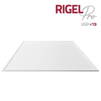 Painel quadrado branco com texto 'RIGEL Pro UGR <19' no canto superior direito