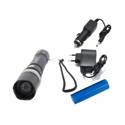 Lanterna cinza com bateria azul e dois carregadores pretos