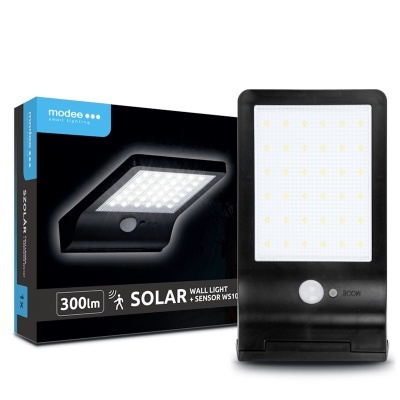 Luz solar de parede preta modee com sensores juntamente com embalagem azul e preta, texto 300lm SOLAR WALL LIGHT SENSOR WS10