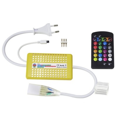 Controlador LED amarelo com cabo branco e comando remoto colorido