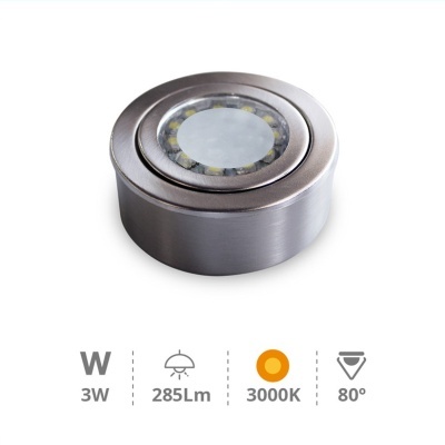 Luz LED redonda embutida em metal prateado com indicadores técnicos