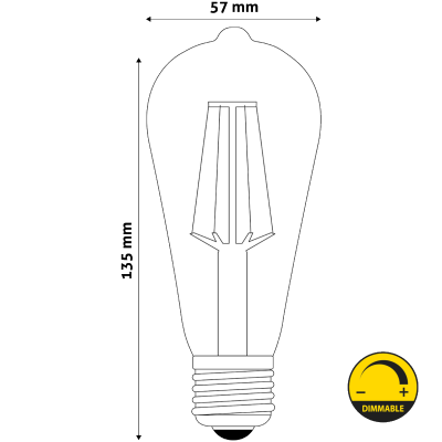 Lâmpada tradicional com dimensões e símbolo dimmable amarelo